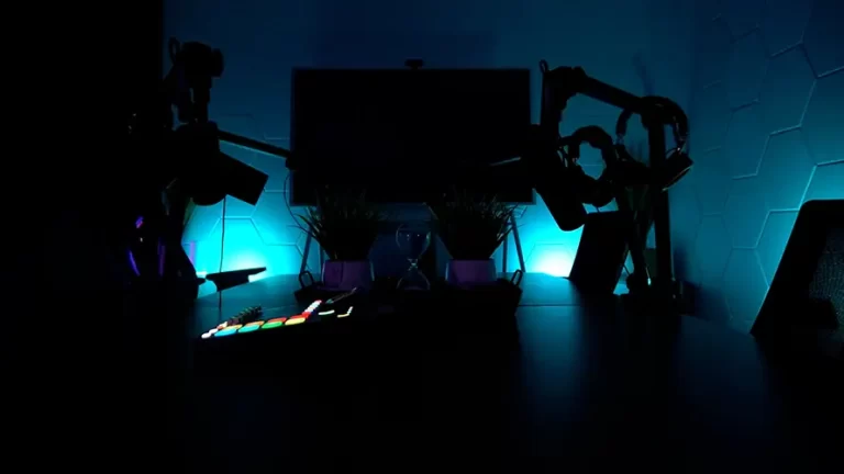 Photo of a podcast studio with LED lighting inside a San Antonio Coworking Space called SA Cowork